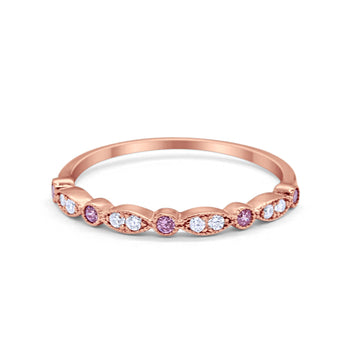Half Eternity Wedding Band Rose Tone, Simulated Pink CZ 925 Sterling Silver